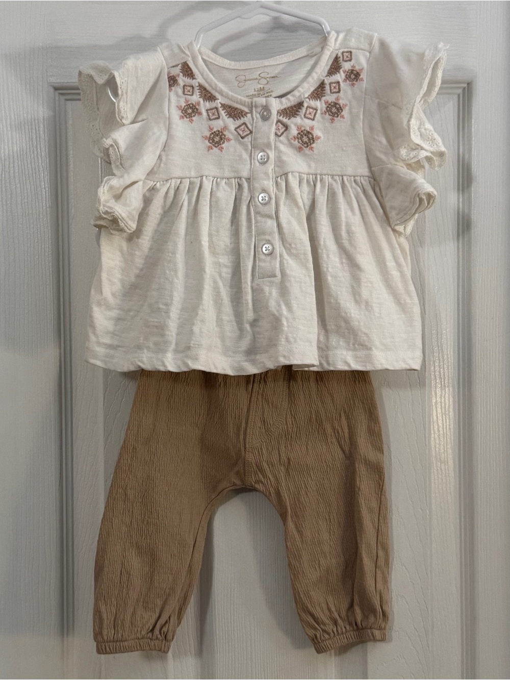 Jessica Simpson Baby Girl Cream Embroidered Baby Top with Tan Pants Outfit
